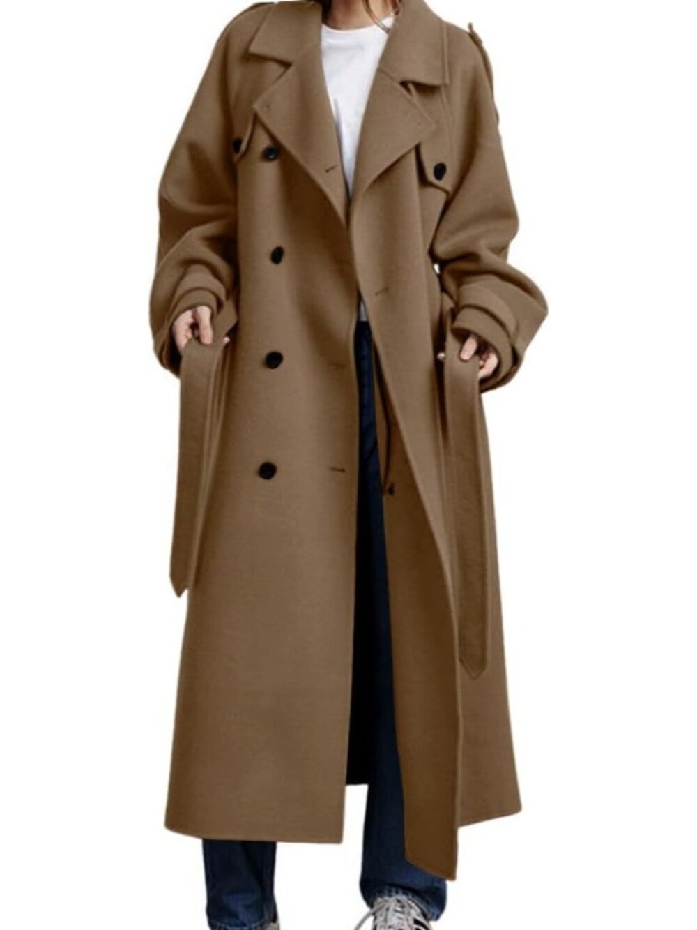 Women's Camel Notch Collar Long Sleeve Winter Double Breasted Wool Trench Coat